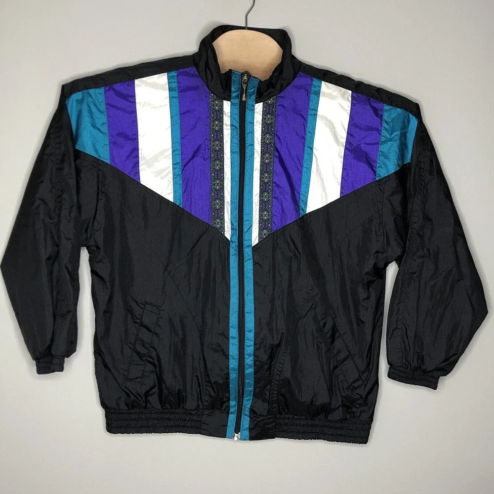 Bolo Spirit Men's Large Black Retro Windbreaker Full Zip Lined Track‎ Jacket VTG